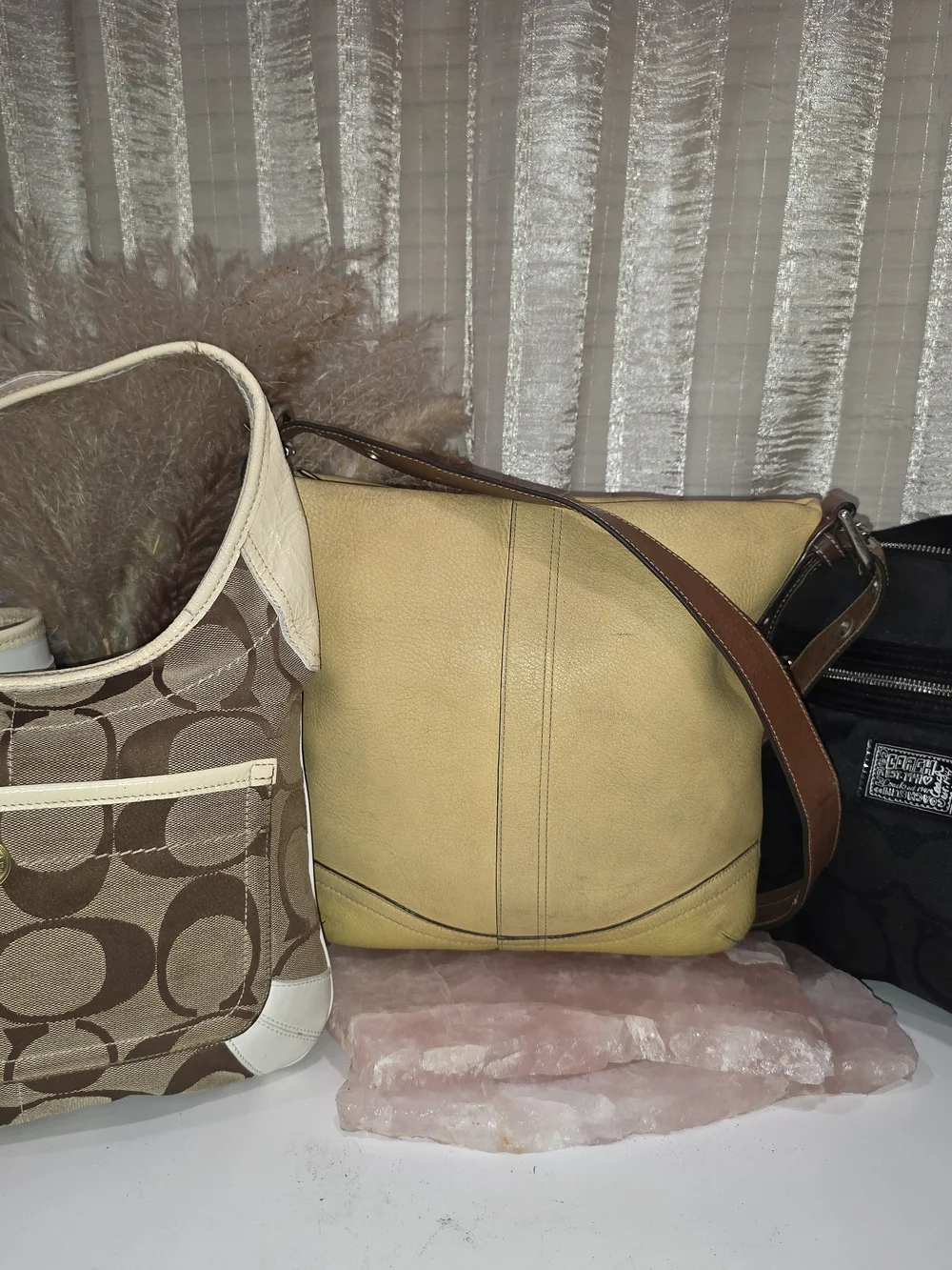 Coach Signature Canvas Satchel in Brown with Yellow Trim 4 PC BUNDLE